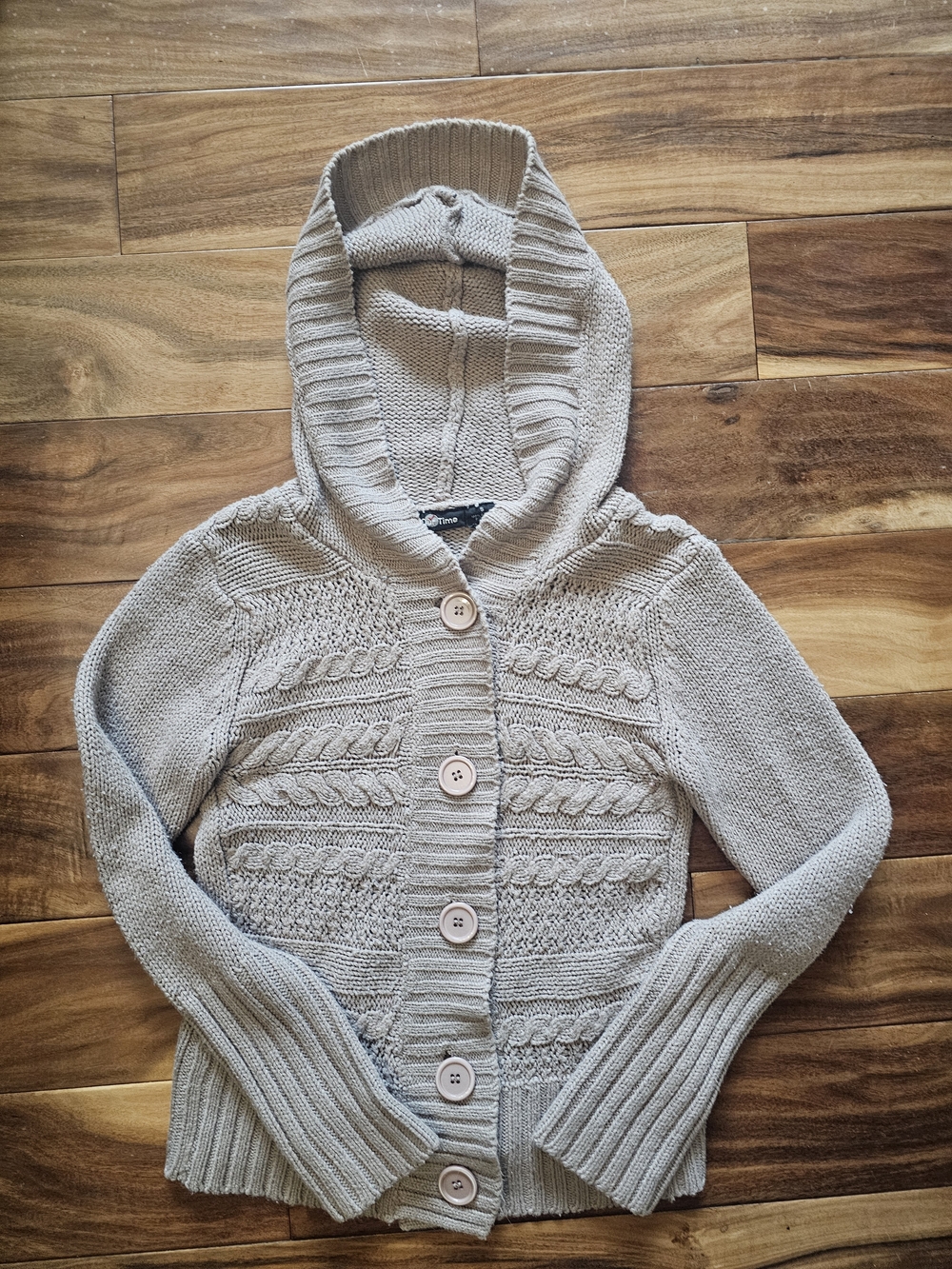 Women's Hooded Cable Knit Button-Up Sweater - Light Beige Size S